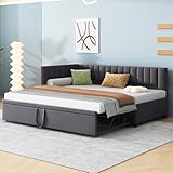 Kinderbett Polsterbett 90/180x200 cm, Schlafsofa mit Ausziehbett, L-förmiges Sofabett Tagesbett Gästebett mit Lattenrost, Multifunktionsbett aus hautfreundlichem Samtstoff, Ohne Matratze (Grau)