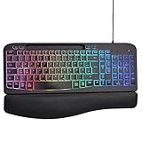 footreal Kabelgebundene Beleuchtete Tastatur, Leder-Handballenauflage und Handyhalterung integriert, USB Tastatur mit Fn-MultifunktionsTasten, Win/Mac Dual-System