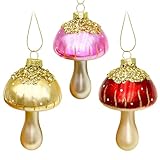 3 Stück Weihnachtskugeln Glas Rot/Gold/Rosa, Christbaumschmuck Ausgefallen Pilz, Weihnachtsdeko Amerikanisch Vintage Champagner, Weihnachtsbaum Schmuck Weihnachten Deko Glitzernde Basteln Anhänger