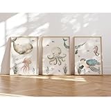 MeinBaby123® Unterwasserwelt Bilder | 3er Set DIN A4 | Wal, Qualle, Schildkröte | Kinderzimmer Deko Meer | Geschenk zur Geburt (Unterwasserwelt V7)