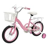 PurpleMinder 14 Zoll Mädchenfahrrad für 3,4,5 Jahren, Höhenverstellbar Kinderfahrrad mit Stützrädern, Rücksitz und Korb, Straßenfahrräder laufrad für Mädchen