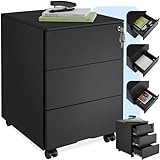 tectake® Büro Metall Aktenschrank mit Rollen, abschließbare Kommode mit Schubladen für Schreibtisch, Rollcontainer, Schubladenschrank, Organzier, Rollwagen Schrank abschließbar (schwarz)