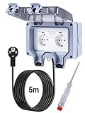 Trintion Außensteckdose Steckdose 2 Gruppen IP66 Wasserdicht Steckdose mit Schalter Kontrollleuchte 13 Ampere Outdoor Steckdose Wandsteckdose Gartensteckdose (5M)