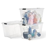 Iris Ohyama, Kunststoff-Aufbewahrungsbox mit Deckel, 55L, 3er Pack, Transparent, 98% recycelter Kunststoff, Verschlussclips, Griff, Stapelbar, pürs Schlafzimmer, Büro, BPA-frei, BSB-55