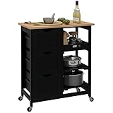 HOMCOM Küchenwagen, Beistellwagen mit Rädern, Holzplatte, 3 Schubladen, 2 offene Regale und ausziehbares Tablett, für Esszimmer, Wohnzimmer, 67 x 37 x 85,5 cm, Schwarz
