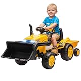 AIYAPLAY Kinder Elektro Bagger mit Anhänger, Schaufel, 12V Aufsitzbagger mit Fernbedienung 2 Motor Kinder Elektroauto mit Musik, LED-Lichter, USB, Sitzbagger für 3-8 Jahre, Gelb