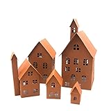 UNUS Deko Häuser 5er Set, Lichthäuser aus Metall, Herbstdeko Outdoor, Weihnachtsdorf für Garten, Terrasse oder Balkon Rost