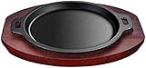 IIPOSAQQ Vorgebrannte Gusseisen-Pizza-Steakpfanne mit Griff und Holzboden für Restaurantbedarf, Zuhause und Küche, Kochzubehör, ideal zum Grillen von Fleisch, Meeresfrüchten (Größe: 27 cm) (27 cm)