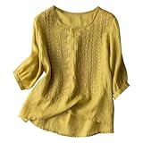 T-Shirts Für Frauen,T Shirt Damen Bluse Damen Sommer Elegant 2025 Mode Lochstickerei Top Kurzarm Oberteil Tunika Casual（01-Jaune,XL）