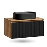Planetmöbel Arisa Badmöbel Set Waschtisch 80 cm Gold Eiche schwarz (geriffelt), Waschbecken 55 cm schwarz, inkl. Raumsparsiphon