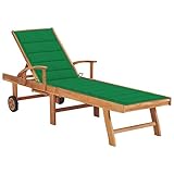 vidaXL Teak Massiv Sonnenliege mit Auflage Grün Verstellbare Rückenlehne Gartenliege Gartenmöbel Holzliege Liegestuhl Liege Relaxliege Strandliege