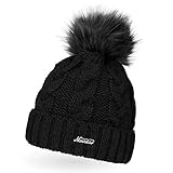 Neverless Damen Strick-Mütze gefüttert mit Fell-Bommel, Kunstfell, Winter-Mütze, Bommelmütze, schwarz Unisize