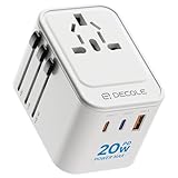 decqle Reiseadapter Weltweit, Universal Reisestecker mit 2 USB-C (PD 20W), 1 USB-A und 1 AC Steckdose, Internationaler Steckdosenadapter, AC Adapter Universaladapter für EU, UK, US, AU (Weiß)