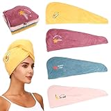 4 Stück Mikrofaser Haartuchwickel, 25×65cm Haarturban Haartuch Kinder, Haare Schnell Trocknend Haartuch, Frizz Haarhandtuch, Turban Handtuch mit Knopf, für Damen, Erwachsene Oder Kinder, Mädchen