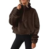 Lässige Damenbluse, modisch, einfarbig, Stehkragen, langärmelig, übergroß, halber Reißverschluss, Fleece, Sweatshirt, Sale, Herbst, Winter, weiches Fleece, warm, Pullover mit Tasche, coffee, XXL