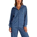 FUPODD Strickanzug Damen Set Gerippt 2 Teiler Jogginganzug Damen Set Strick Zweiteiler Elegant Freizeitanzug Winter Hosenanzug Sportlich Knit Jogging Anzug Mit Kapuze Hose Jacke Reissverschluss