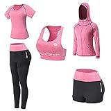 JULY'S SONG Yoga Kleidung Anzug 5er-Set Trainingsanzug Laufbekleidung Gym Fitness Kleidung (Pink, S)