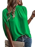 ONAYEYO Damen Elegant Bluse Casual Lose Tunika Shirt Hinten Schnüren Verspotten Nacken Dolman-Ärmel Oberteil T Shirt Sommer Einfarbig Top (L, Grün)
