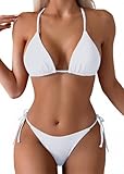 Tainehs Bikini für Damen, Neckholder, Triangel, sexy, Tangahöschen an beiden Seiten zu binden, Weiss/opulenter Garten, Medium