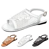 Lässige flache Damen-Sandalen für den Sommer, hohles Netzgewebe, atmungsaktiv, verstellbare Schnalle, Knöchelriemen, flache Schuhe, Outdoor, bequem, weich, flache Unterseite, Schuhe, weiß, 39.5 EU