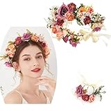 Blumenkranz Haare,Künstliche Blumen Krone,Haar Garland,Blumenkranz Blume Krone Stirnband,Blumen Kranz Stirnband,Einstellbar, Haarreif Blumen für Frauen Hochzeit Party (A)