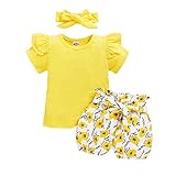 Rüschen Mädchen Kleidung Säugling Baby Tops + Floral Solid Shorts + Stirnband Outfits Mädchen Outfits & Set Outfits Mädchen Gelb