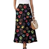 Biyejit Sommerröcke für Damen mit Tasche, hohe Taille, A-Linie, Swing-Kleid, einfach zu tragen, S-2XL, Pfotenabdrücke, XL