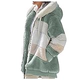 Generisch Fleecejacke Damen Mit Kapuze Winterjacke Mit Taschen Teddyjacke Winter Plüschjacke Elegant Wintermantel Patchwork Plüschmantel Warm Flauschjacke Mit Reissverschluss Damen-Jacken Winddicht