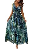 CheChury Damen Sommerkleid Lang Maxikleid Sommer V Ausschnitt Kleid Floral Maxikleider Elegant Freizeitkleider Ärmellos Strandkleid Lang Kleider Partykleid Freizeitkleider Boho Beach Maxi Dress,Grün,L