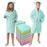 LEBENGOOD Bademantel für Kinder, Mädchen, Unisex, Kinder mit Ohren, 100% Baumwolle, Oeko-Tex®, 2 Taschen, Gürtel, Kapuze (DE/NL/SE/PL, Alter, 11 Jahre, 12 Jahre, Regular, Türkis)