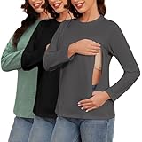 Love2Mi 3er Pack Damen Langarm Stillshirt mit Reißverschluss Umstandsmode zum Stillen T-Shirts fur Schwangere
