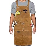 Arbeitsschürze herren,Robuste gewachstes Segeltuch Werkzeugschürze,10 Werkzeugtaschen,Schweißerschürze mit Kreuz-Rückengurten,Verstellbar M bis XXL für Garten,Keramik,Werkstatt,Garage und mehr