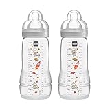 MAM Easy Active Trinkflasche im 2er-Set (330 ml), Baby Trinkflasche inklusive MAM Sauger Größe 2 aus SkinSoft Silikon, Milchflasche mit ergonomischer Form, 4+ Monate, Weltall