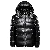 Daunenjacke Herren Glänzend Schwarz Puffer Jacke - Männer Warme Winterjacke Einfarbig Winter Schnee Unten Jacken mit Kapuze Reißverschluss Metall Glänzende Steppjacke