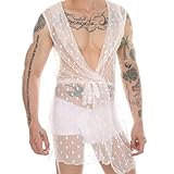 ZDSUHYIW Nachtwäsche Herren Mesh Transparent Unterwäsche Morgenmantel Männer Negligee Sexy Kimono Morgenmantel Lange Transparent Mesh Bademantel Gürtel Langer Hausmantel Bademantel
