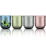 LOITTAINUE Trinkgläser Set Bunt - Gläser Set 4 Teilig 360ml Farbig Wassergläser mit Moderne Blume Geprägtem Design - Saftgläser Spülmaschinenfest für Wasser, Drink, Saft, Party, Garten