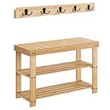 SONGMICS Schuhbank Wandgarderobe Set, Schuhregal mit Sitzfläche, multifunktional, 5 Zweifach-Metallhaken, Schuhbank mit 3 Ebenen aus Bambus, für Flur Schlafzimmer Wohnzimmer, naturbeige LCR004N01