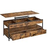 VASAGLE Couchtisch, höhenverstellbarer Wohnzimmertisch, Kaffeetisch, mit Schubladen, offenes Fach, 50 x 120 cm, vintagebraun-tintenschwarz LCT252K01