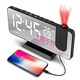 tEEZErshop Projektionswecker, wecker mit projektion 180 °, Radiowecker mit USB-Anschluss großem LED-Anzeige Snooze Dual-Alarm,4 Projektionshelligkeit mit Automatischem Dimmer, 32FM Radio