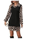SweatyRocks Blusenkleid Damen Langarm Midi Leoparden Kleid Elegant Hemdblusenkleid Farbblock Kleid Shirtkleid Strickkleid Leo L