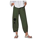 Minying Leinenhose für Damen, Jogginghose, Sommer, große Größen, einfarbig, bequeme und lockere Trainingshose mit Taschen, Damenhose, weite Passform mit Gummizug, S-5XL, 12-grün, Medium