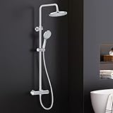 FORIOUS Duschsystem mit Thermostat,Edelstahl Duscharmatur Komplettset mit 25cm Rund-Overhead Regendusche,90-125cm Höhenverstellbare Duschstange, 3 Strahlarten ABS Handbrause Chrom