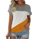 Damen Tshirt Baumwolle, Damen T-Shirt Große Größen Rundhals Farbblock Kurzarm Blusenshirt Sommer Elegante Oberteil Locker Fit Longbluse Bequem Tunika Mode Hemdbluse Casual Tops