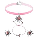 3 Stück Oktoberfest Trachtenschmuck Set, Rosa Halskette Ohrringe Und Armbänder Dirndl Schmuck Oktoberfest Accessoires, Trachtenschmuck Damen, Dirndlschmuck Samt Kropfband