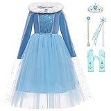 KANDEMY Mädchen Prinzessin Elsa Kostüm Eiskönigin Kleid mit Umhang Prinzessinnen Elsa Kleider Kinder Geburtstag Karneval Fasching Kostüme Cosplay Verkleidung Party Blau-K35 110