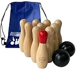 Jac & Mok Bowling Set -Kegelspiel aus Holz - Dosenwerfen Bowling Spiel Outdoor & Indoor Spielzeug (10 Kegel und 2 Bälle, 15cm Höhe)