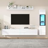 TV Wohnwand Set 3-teilig LED Beleuchtung Hochglanz, Wohnzimmer Möbel Set, Frontale Wohnwand Weiß 1 x TV Schrank, 1 x Wohnzimmer Vitrine, 1 x Hängeregal,Weiß,180x33x30cm