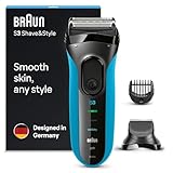 Braun Series 3 Rasierer Herren, 3-in-1-Elektrorasierer, Barttrimmer mit 5 Kammaufsätzen, Wet&Dry, Geschenk Mann, Made in Germany, 3010BT, blau