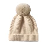 Kaschmir Dicke Bommelmütze Pom-Pom gerippte weiche Beanies Strickmütze Herbst Winter Wolle Kaschmir Warme Hüte, Naturfarben / Beige, Einheitsgröße