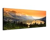 Paul Sinus Art Panoramabild auf Leinwand und Keilrahmen 120x40cm Nationalpark Bergsee Berge Wald Abendlicht